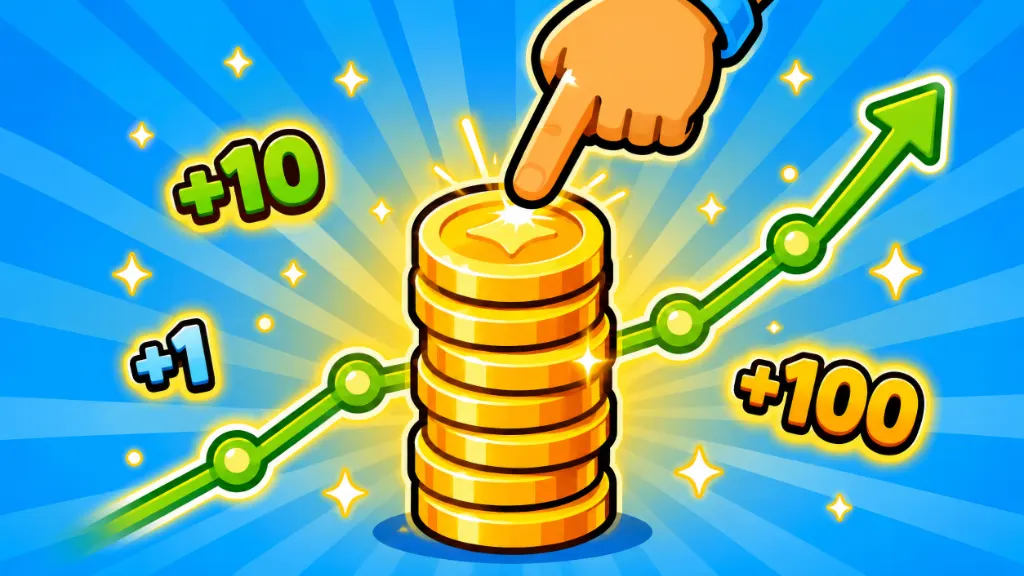 Stack of glowing golden coins growing upward with a rising graph behind them